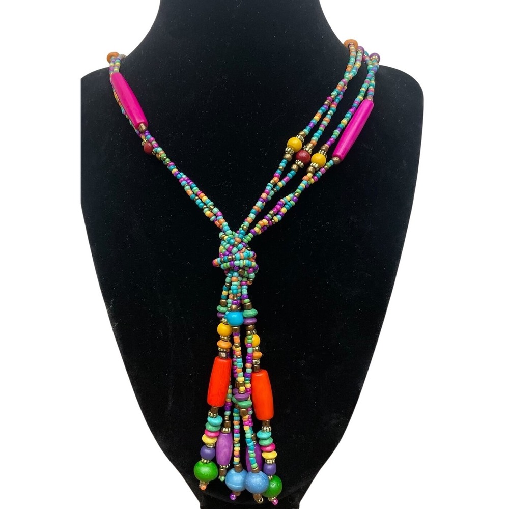 Colorful Seed Bead Tassel Necklace Multicolor Beaded Boho Festival Statement 29"